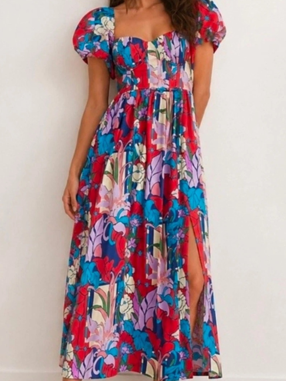 Tuckernuck Red, Blue & Purple Floral Puff-Sleeve Maxi Dress